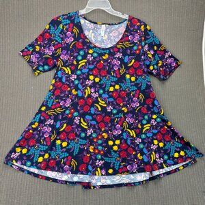 LuLaRoe Floral A-Line Womens Size L Top Short Sleeve Blue Multicolor